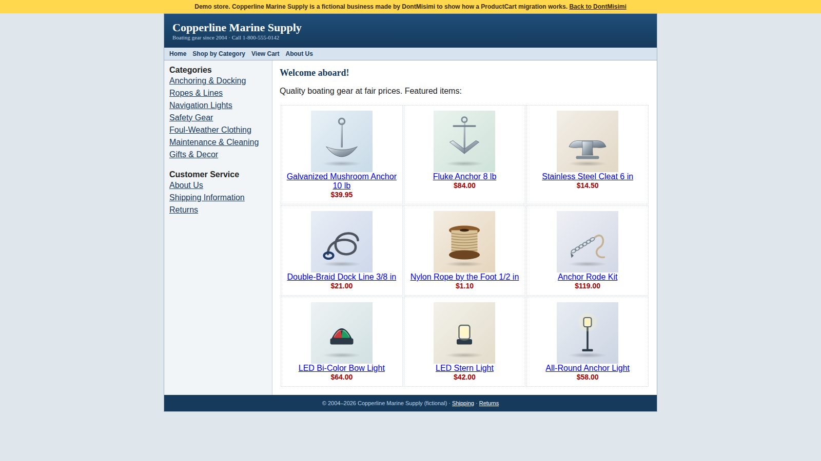 The demo store's old ProductCart page: narrow, table-based layout